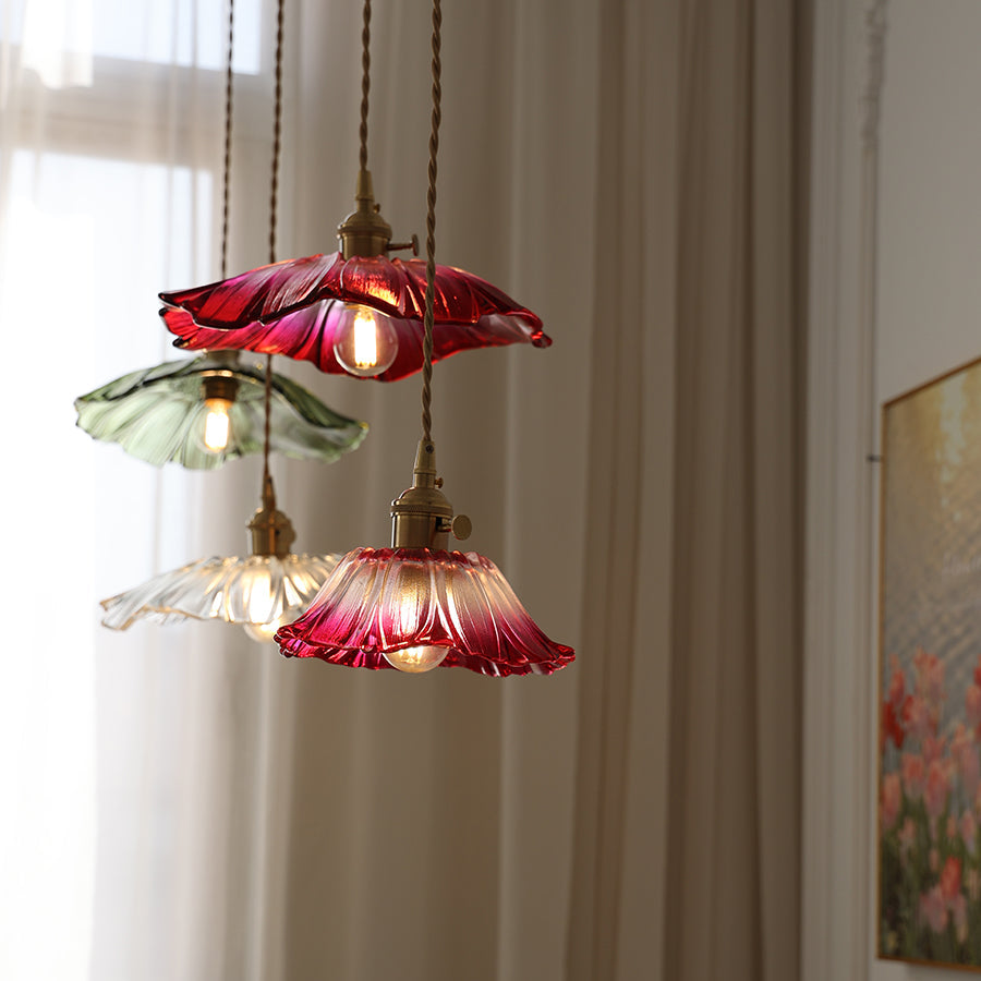 Flower Petal Glass Pendant Light Scalloped Shade Brass Pink Vintage