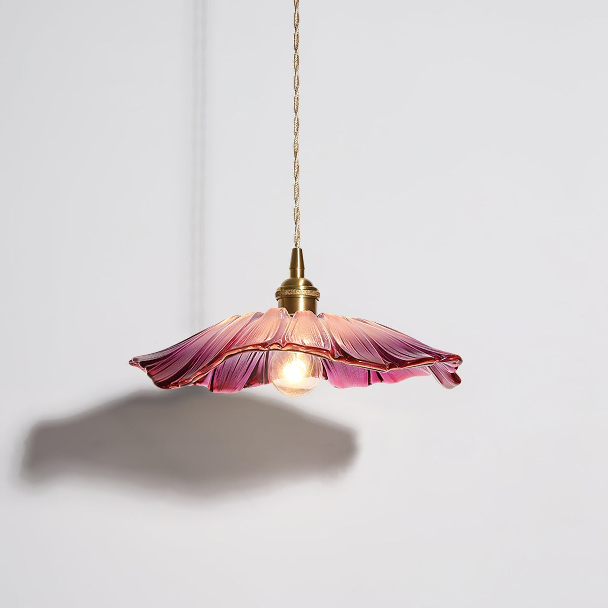 Flower Petal Glass Pendant Light Scalloped Shade Brass Pink Vintage