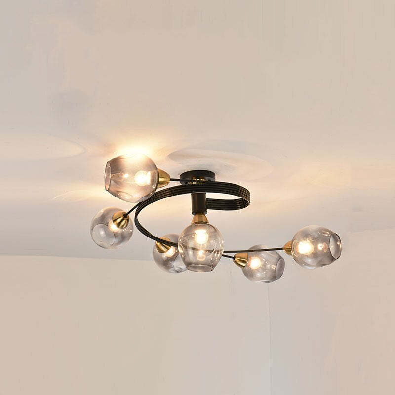 Glass Globe Cluster Semi Flush Ceiling Light Black and Gold Multi Head