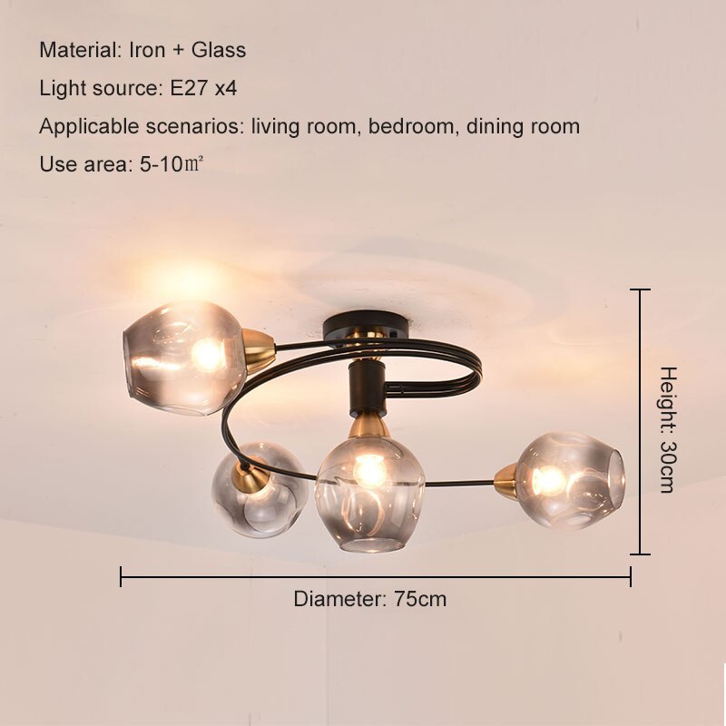 Glass Globe Cluster Semi Flush Ceiling Light Black and Gold Multi Head