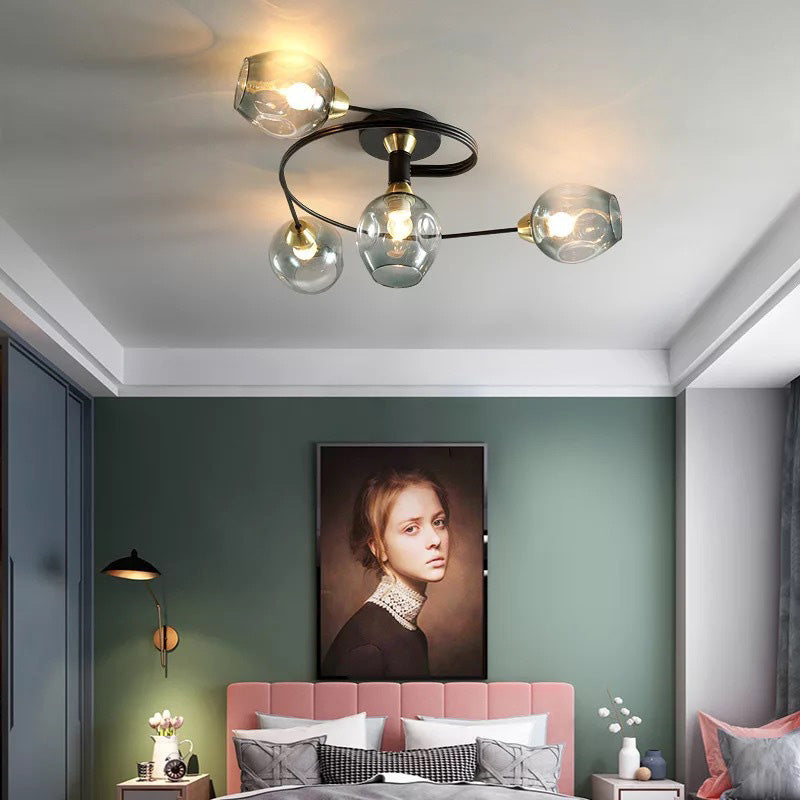 Glass Globe Cluster Semi Flush Ceiling Light Black and Gold Multi Head
