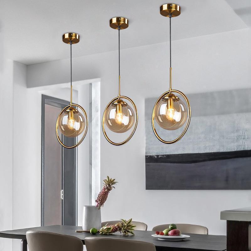 Glass Globe Pendant Light Metal Ring Tinted Glass Dimmable