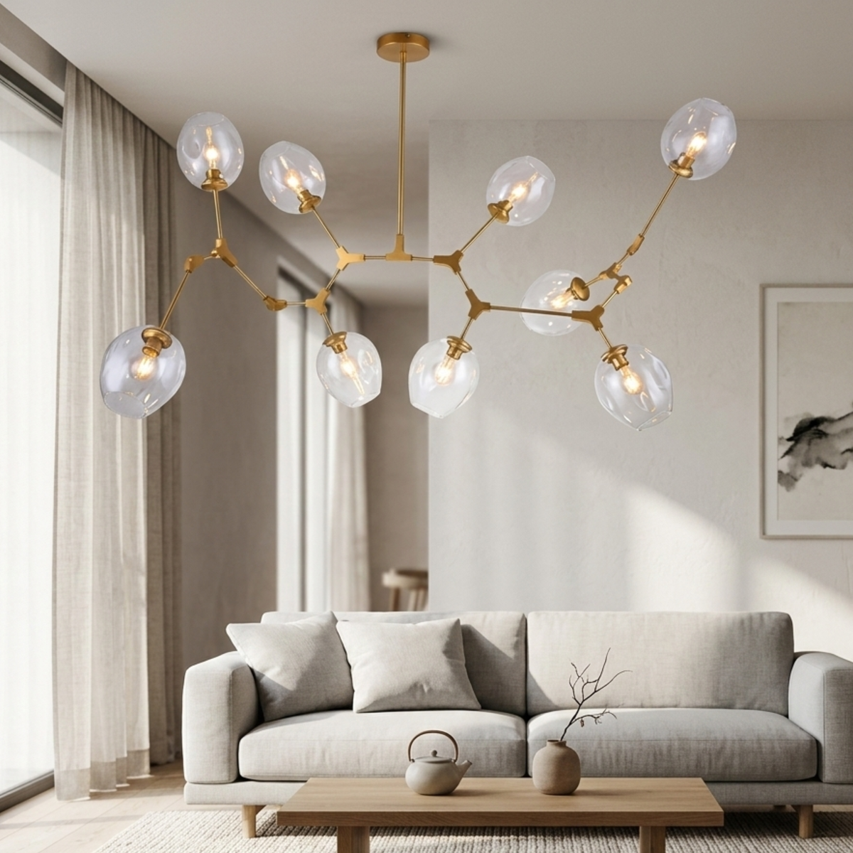 Gold Mid Century Clear Glass Globe Chandelier Branching Ceiling Light
