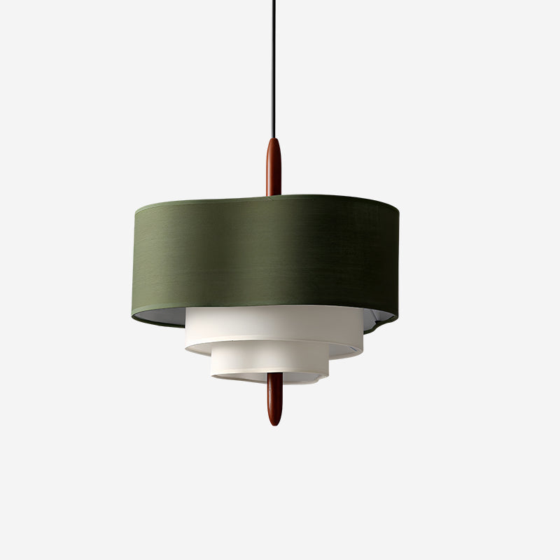 Green Fabric Tiered Drum Pendant Light Wood Accent Scandinavian Ceiling Pendant