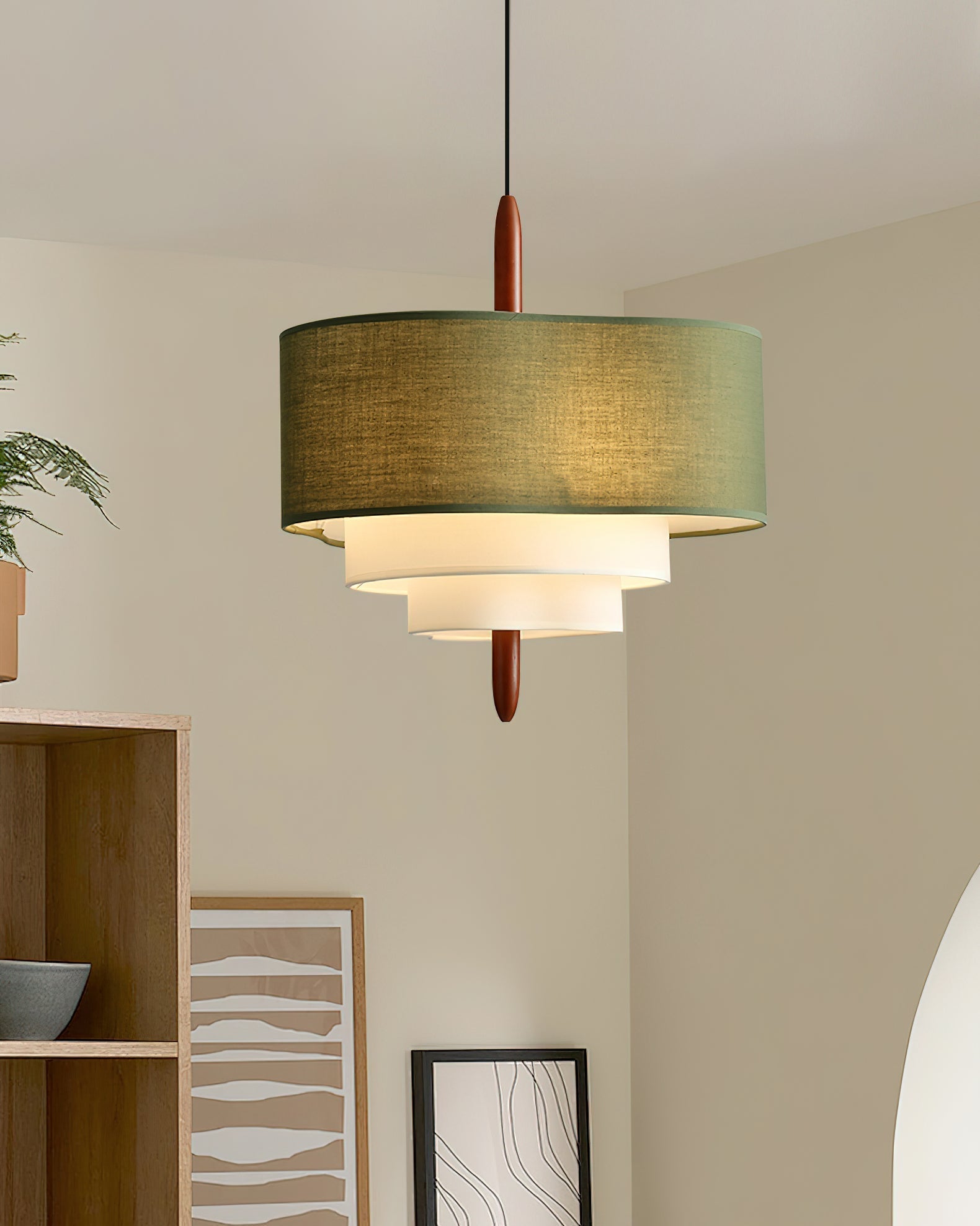 Green Fabric Tiered Drum Pendant Light Wood Accent Scandinavian Ceiling Pendant