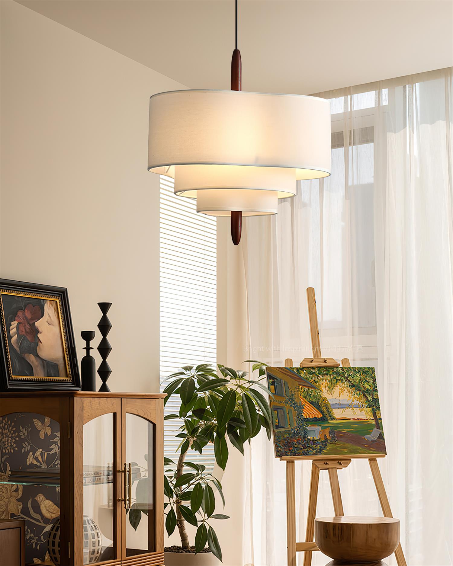 Green Fabric Tiered Drum Pendant Light Wood Accent Scandinavian Ceiling Pendant