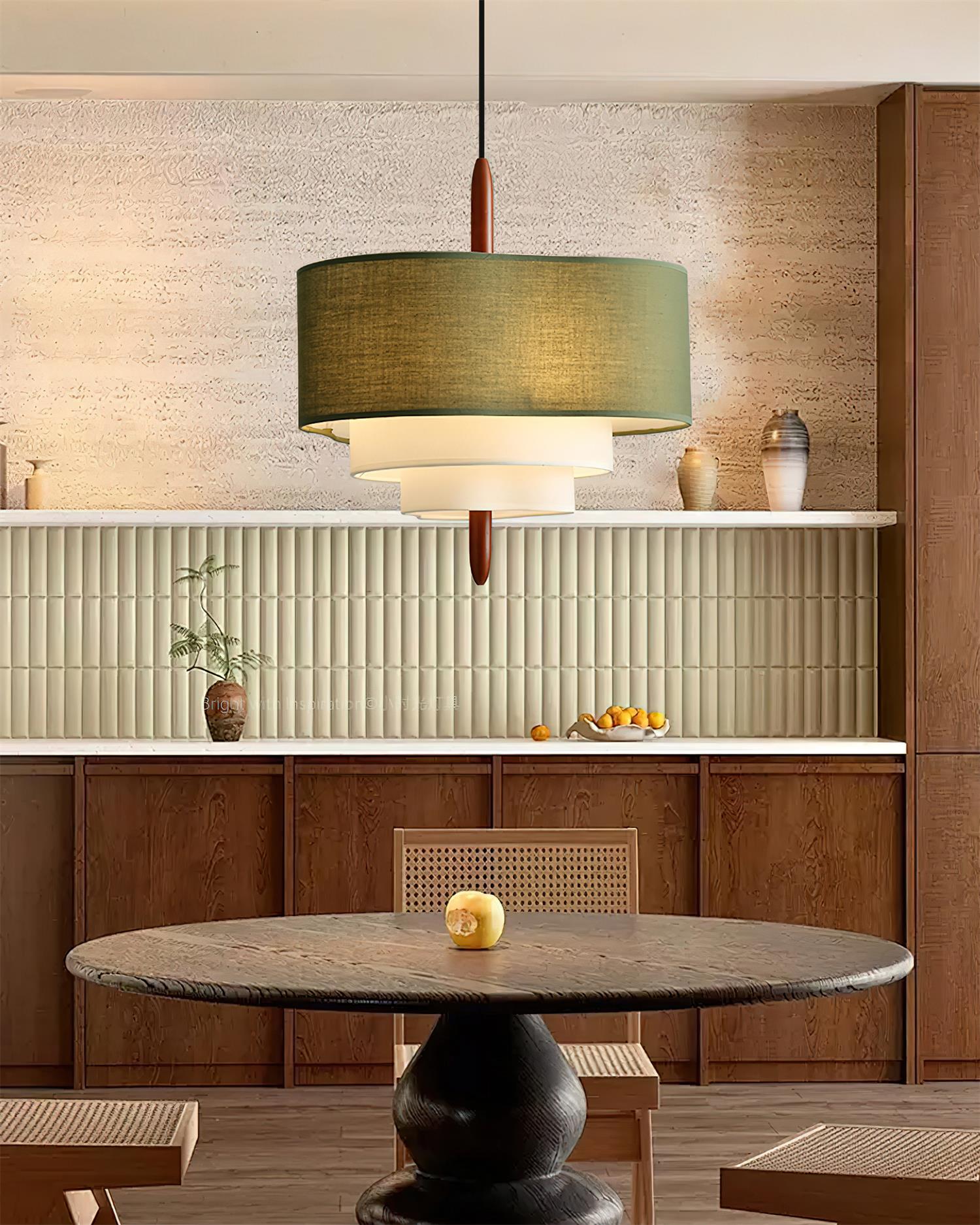 Green Fabric Tiered Drum Pendant Light Wood Accent Scandinavian Ceiling Pendant