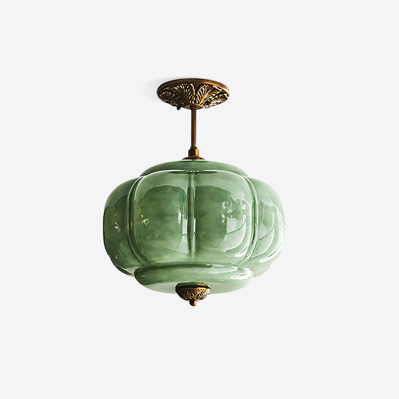 Green Glass Semi Flush Ceiling Light Brass Ribbed Globe Vintage
