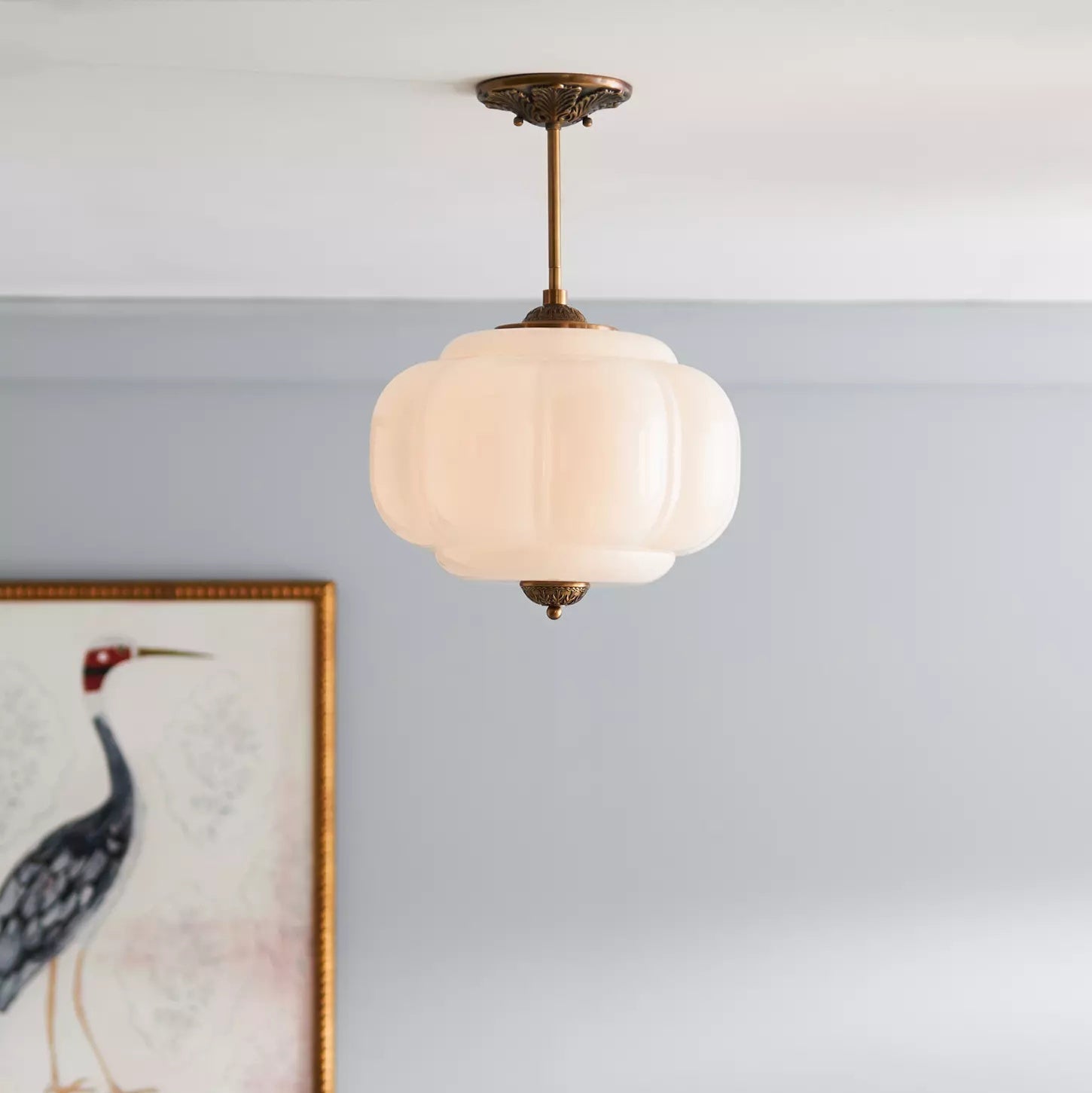 Green Glass Semi Flush Ceiling Light Brass Ribbed Globe Vintage