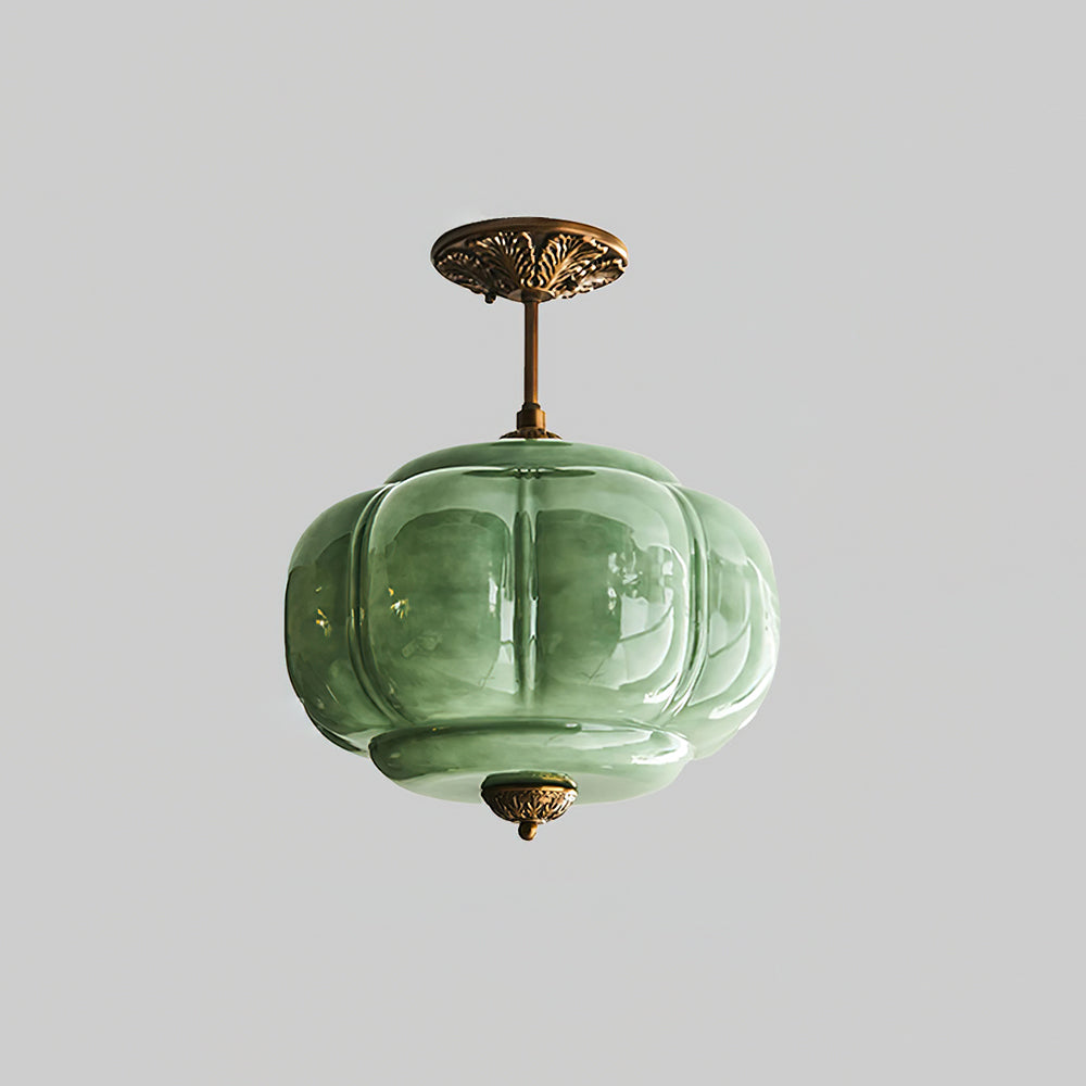 Green Glass Semi Flush Ceiling Light Brass Ribbed Globe Vintage