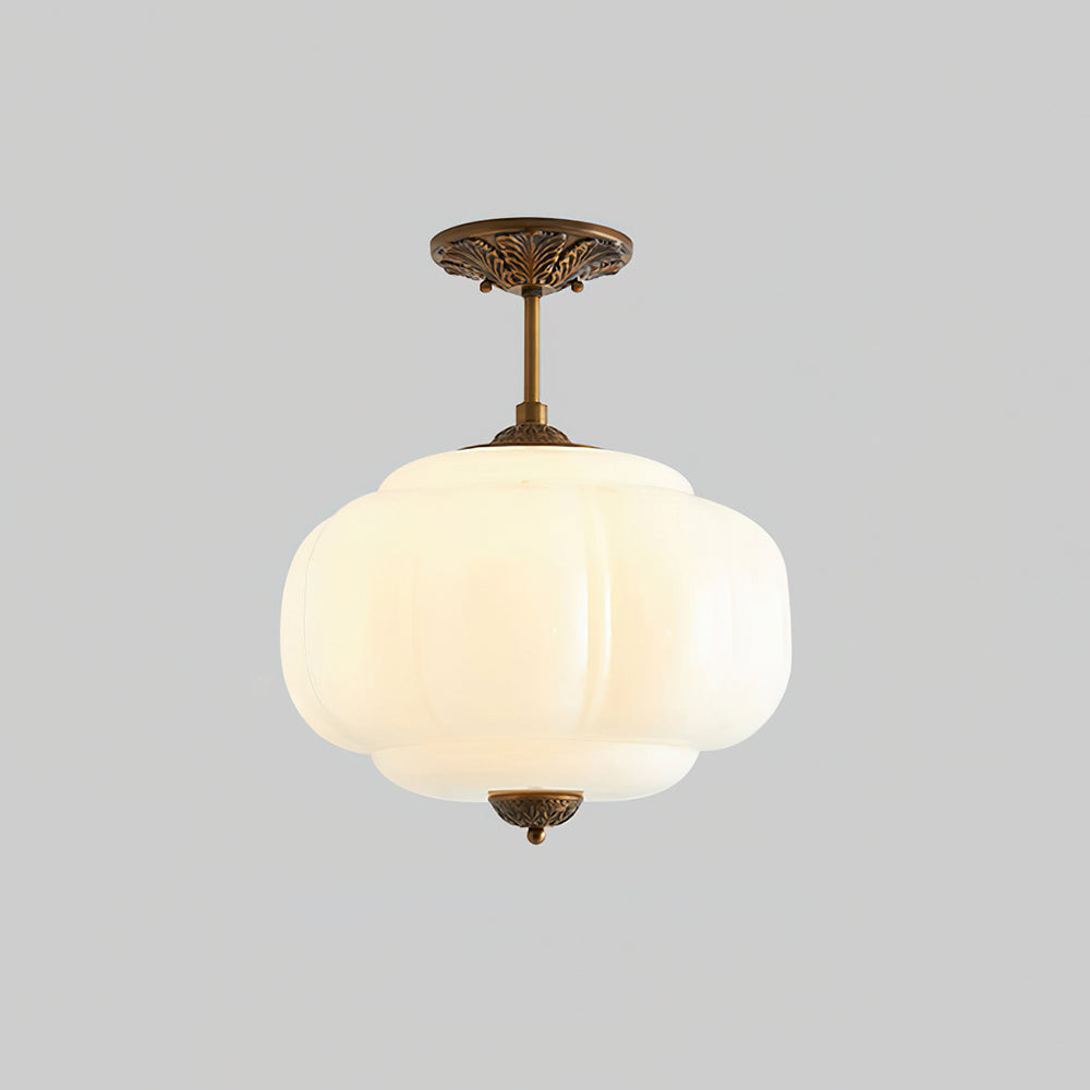 Green Glass Semi Flush Ceiling Light Brass Ribbed Globe Vintage
