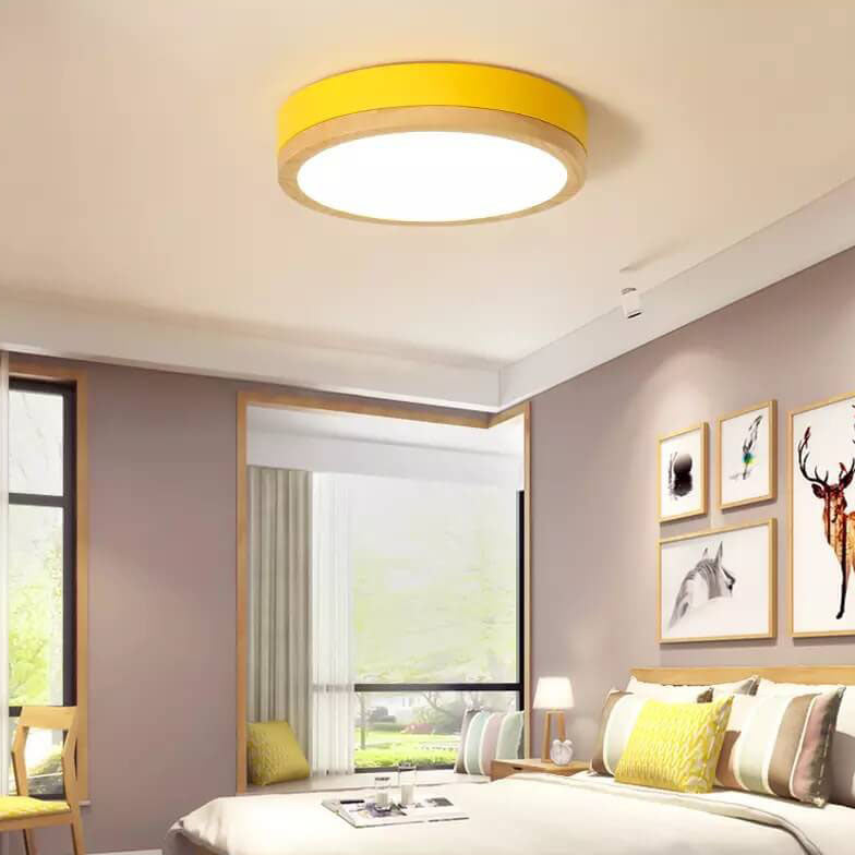 Green Wood Round LED Flush Mount Ceiling Light Nordic Scandi