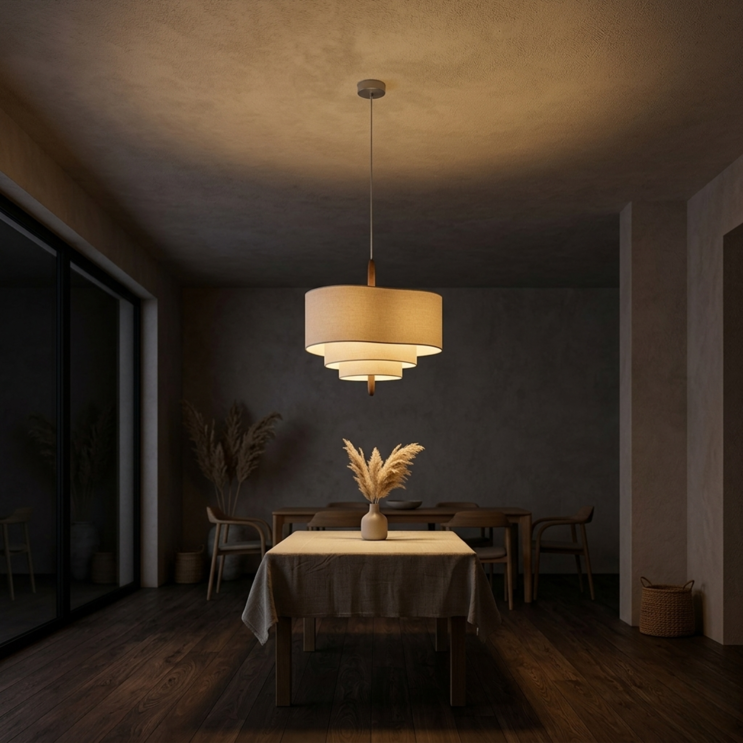 Japandi Cream Fabric Tiered Drum Pendant Light