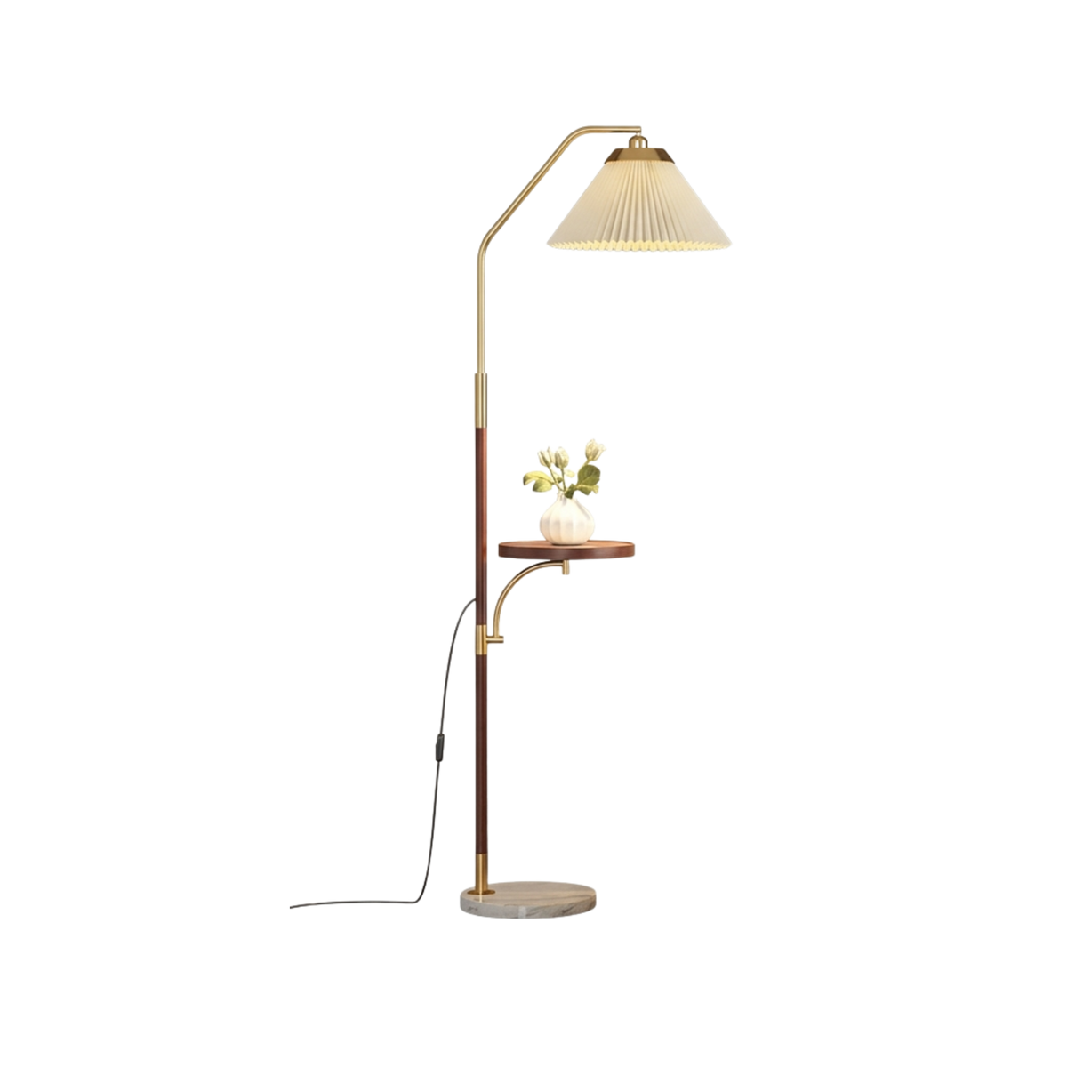 Japandi Pleated Lampshade LED Floor Lamp with Side Table Wood Tone Finish