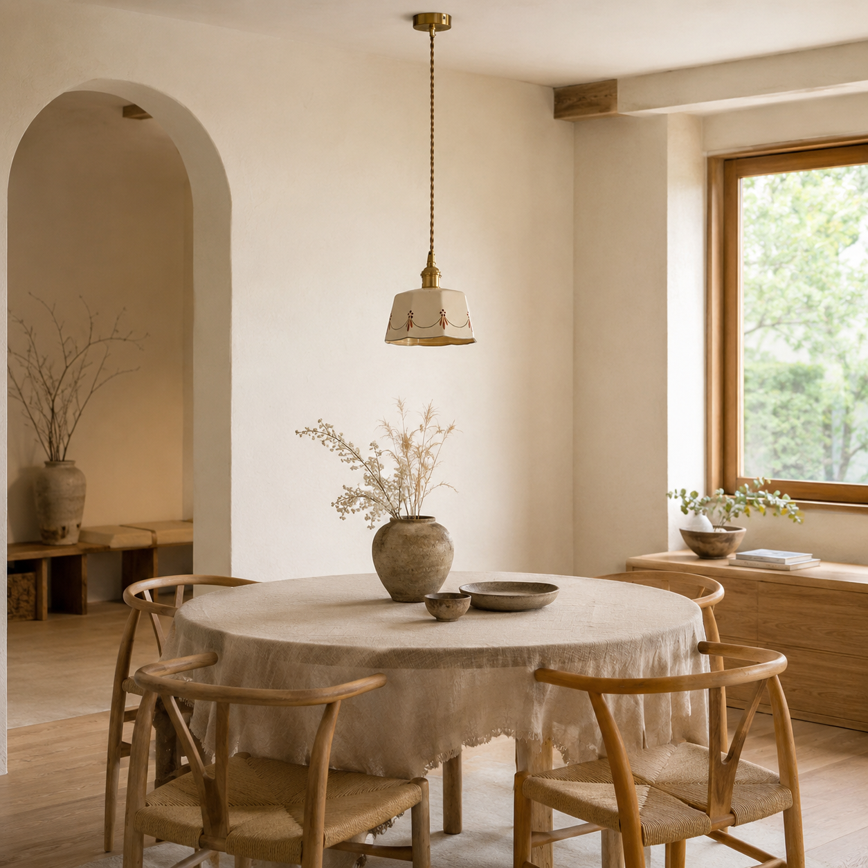 Japandi Retro Ceramic Pendant Light With Brass Fitting