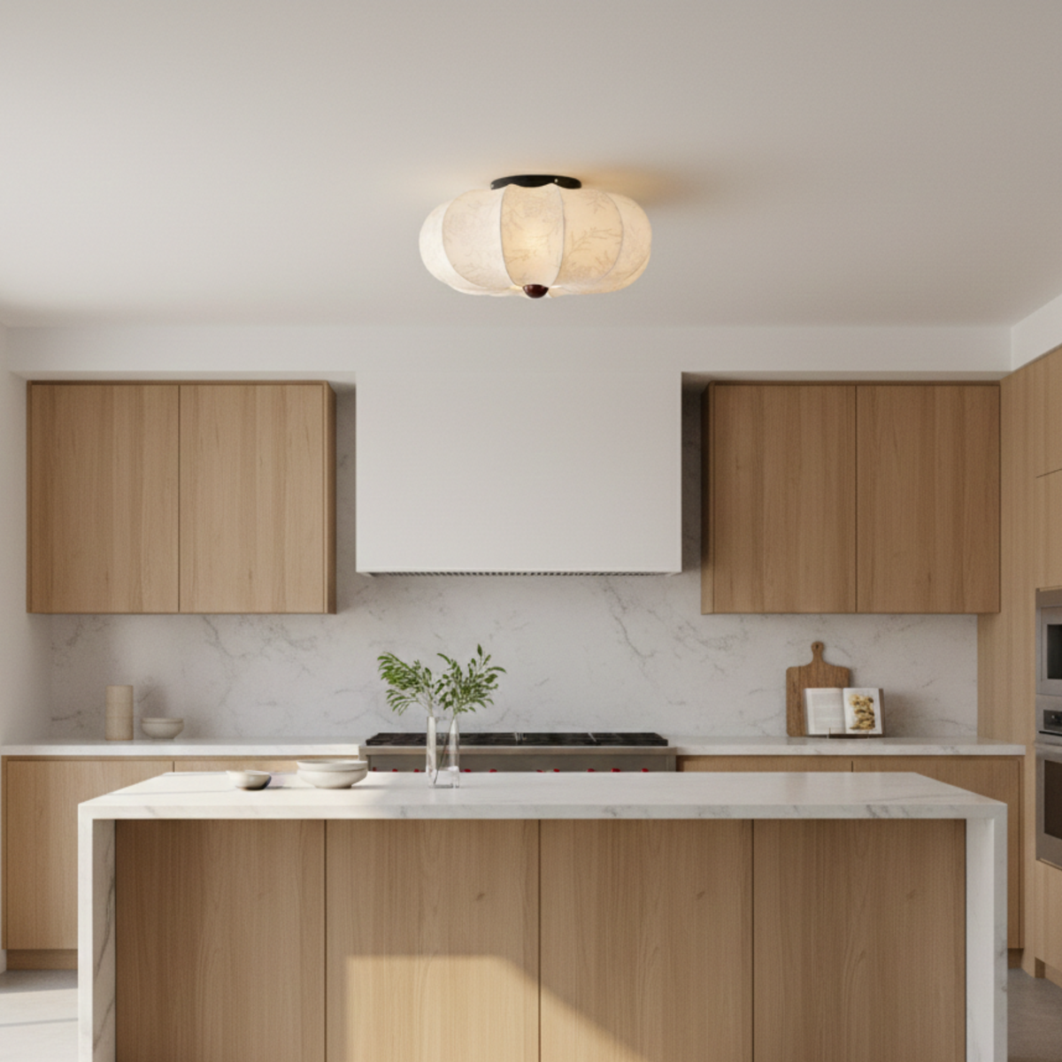Japandi Silk Fabric Flush Mount Ceiling Light With Wood Detail