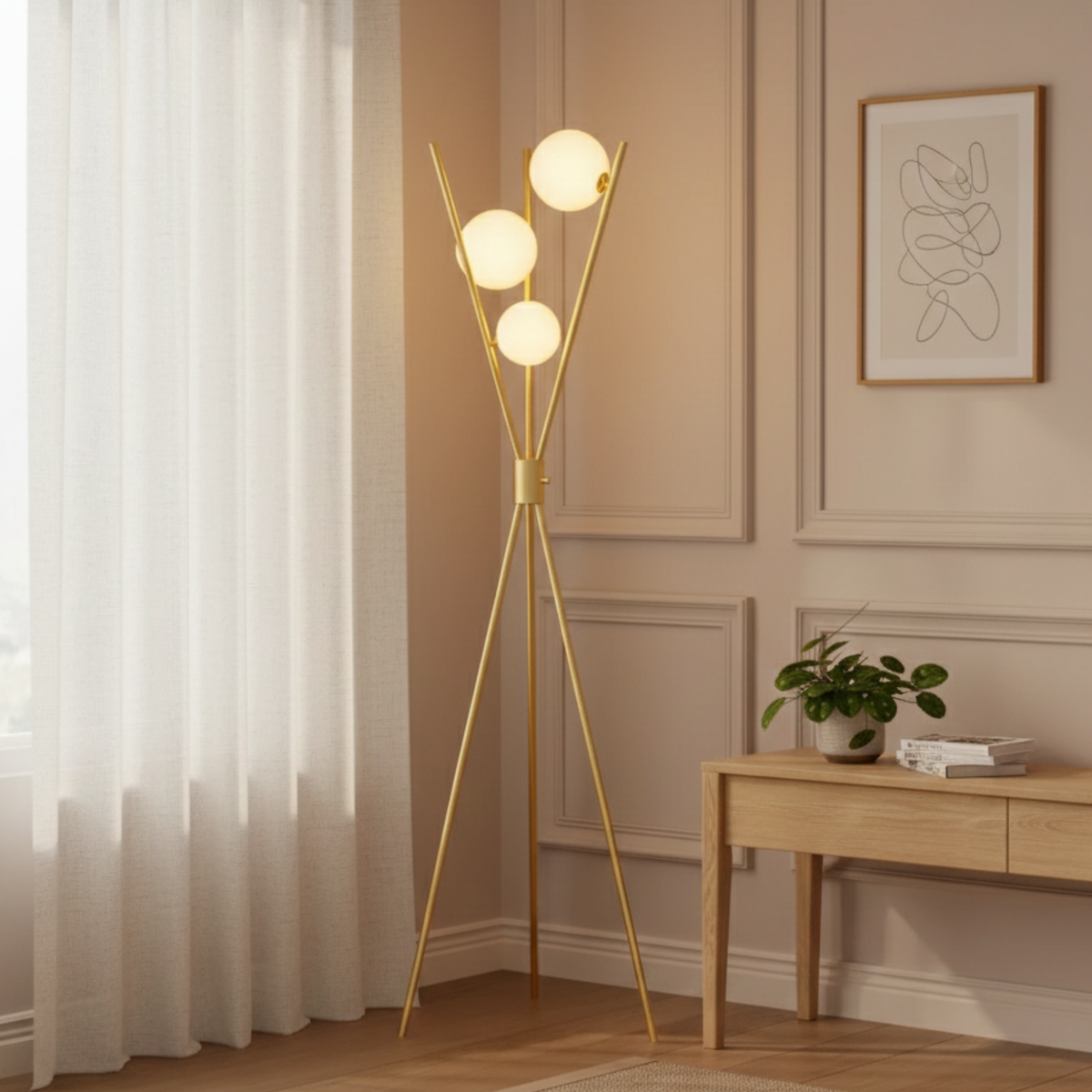 Mid Century Brass Tone Dimmable Tripod Floor Lamp with Three Globe Shades