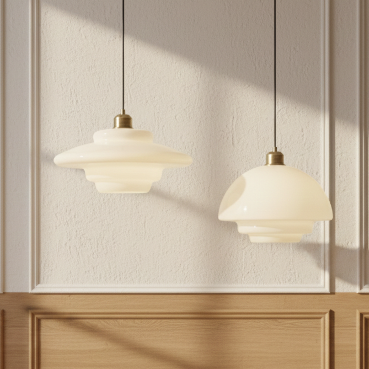 Mid Century White Opal Glass Pendant Light With Brass Detail