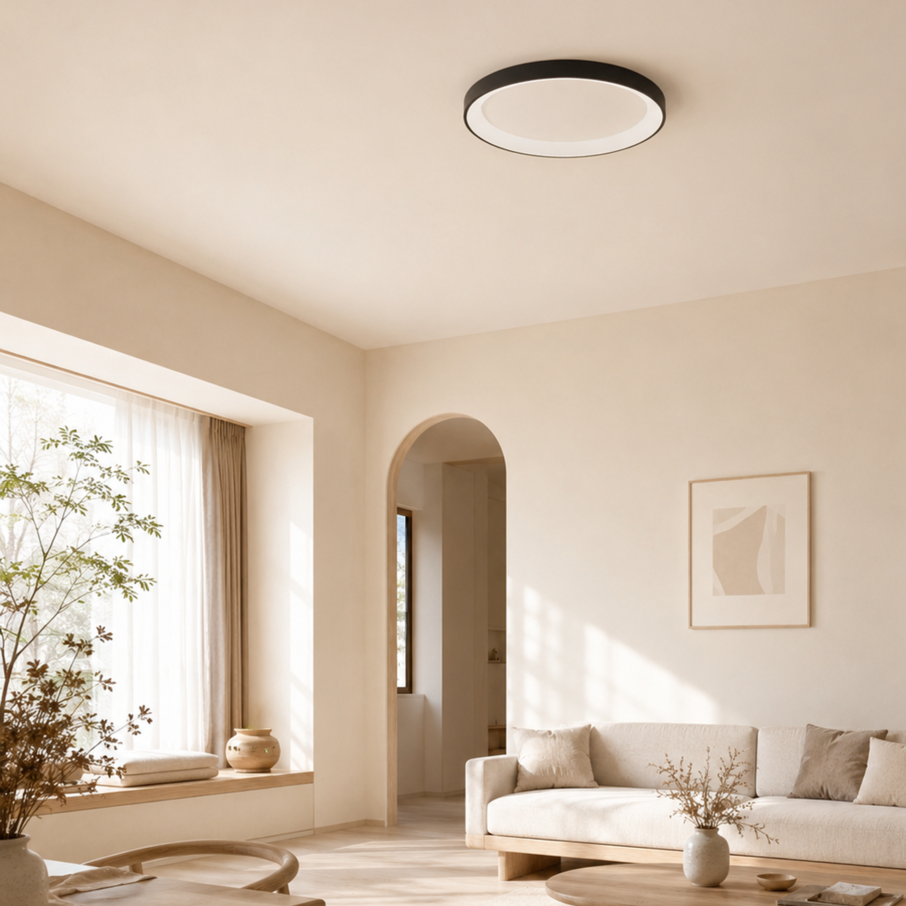Minimalist Round LED Flush Mount Ceiling Light In Black Or White Single Or Three Ring Set