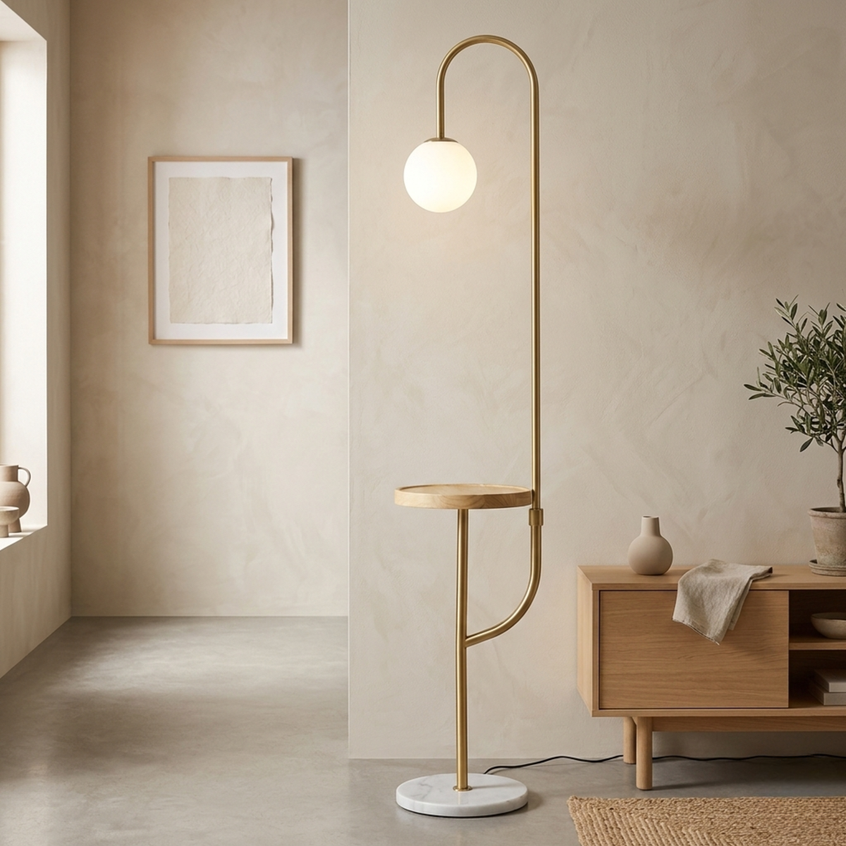 Modern Gold Floor Lamp With Wooden Side Table Wireless Charging And Marble Base