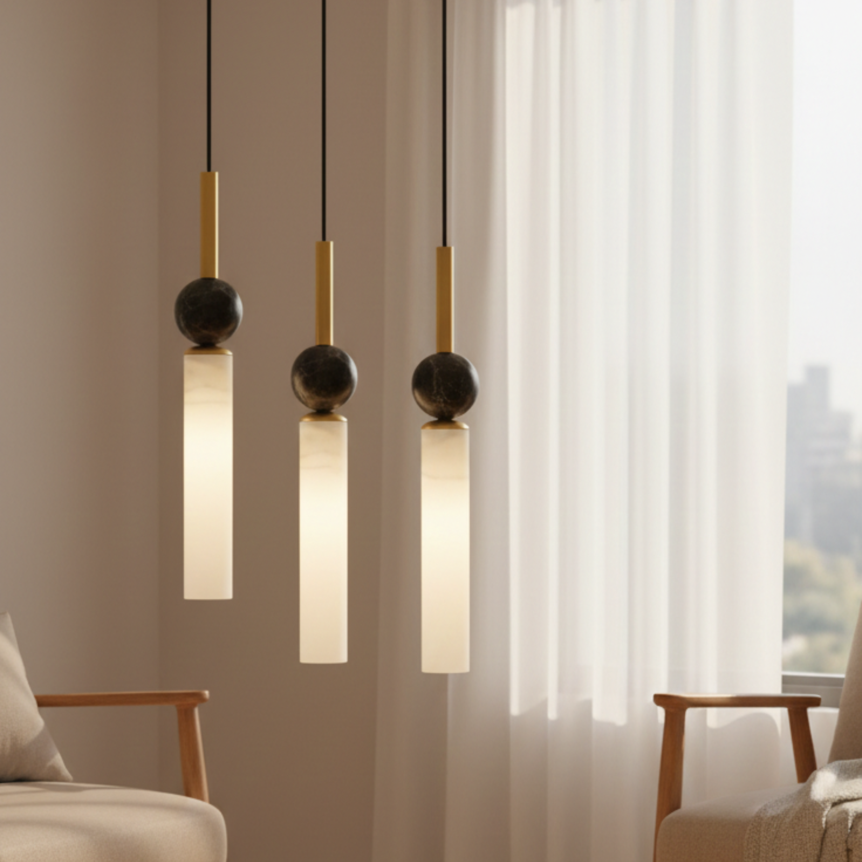 Modern Marble Cylinder LED Pendant Light with Sphere Detail