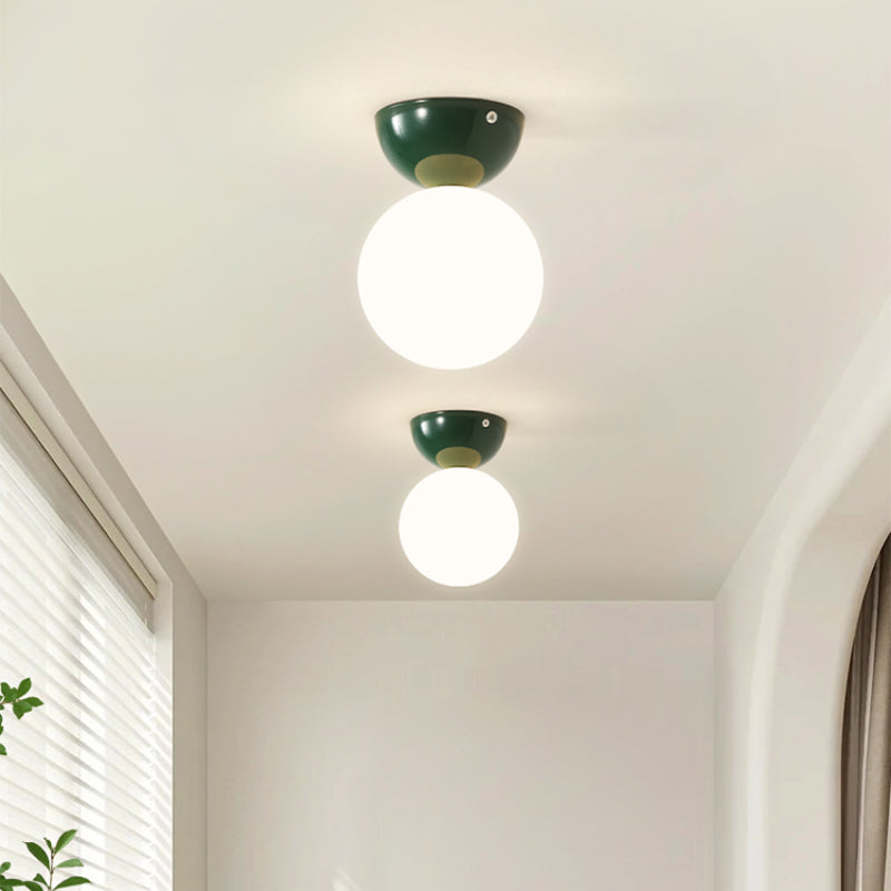 Modern Opal Glass Globe Flush Mount Ceiling Light With Metal Dome In Red Green Or Chrome