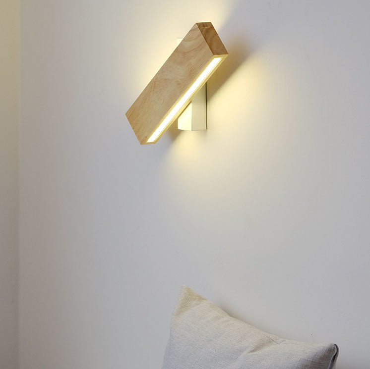 Natural Wood Rectangular LED Wall Sconce Japandi Minimalist Bedside Wall Light