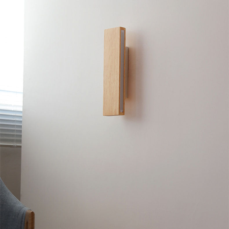 Natural Wood Rectangular LED Wall Sconce Japandi Minimalist Bedside Wall Light