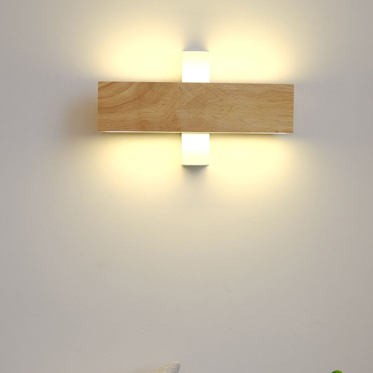 Natural Wood Rectangular LED Wall Sconce Japandi Minimalist Bedside Wall Light