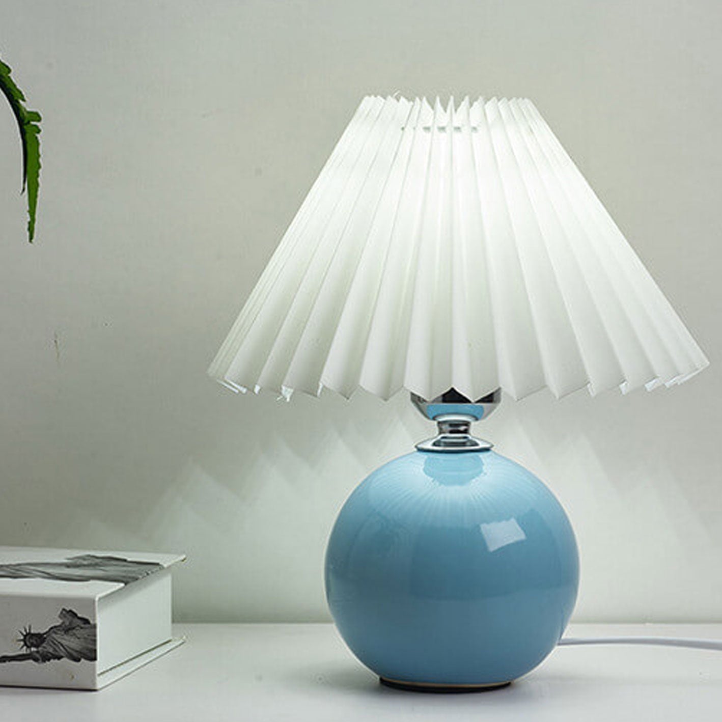 Nordic Ceramic Ball Base Pleated Scalloped Shade Table Lamp