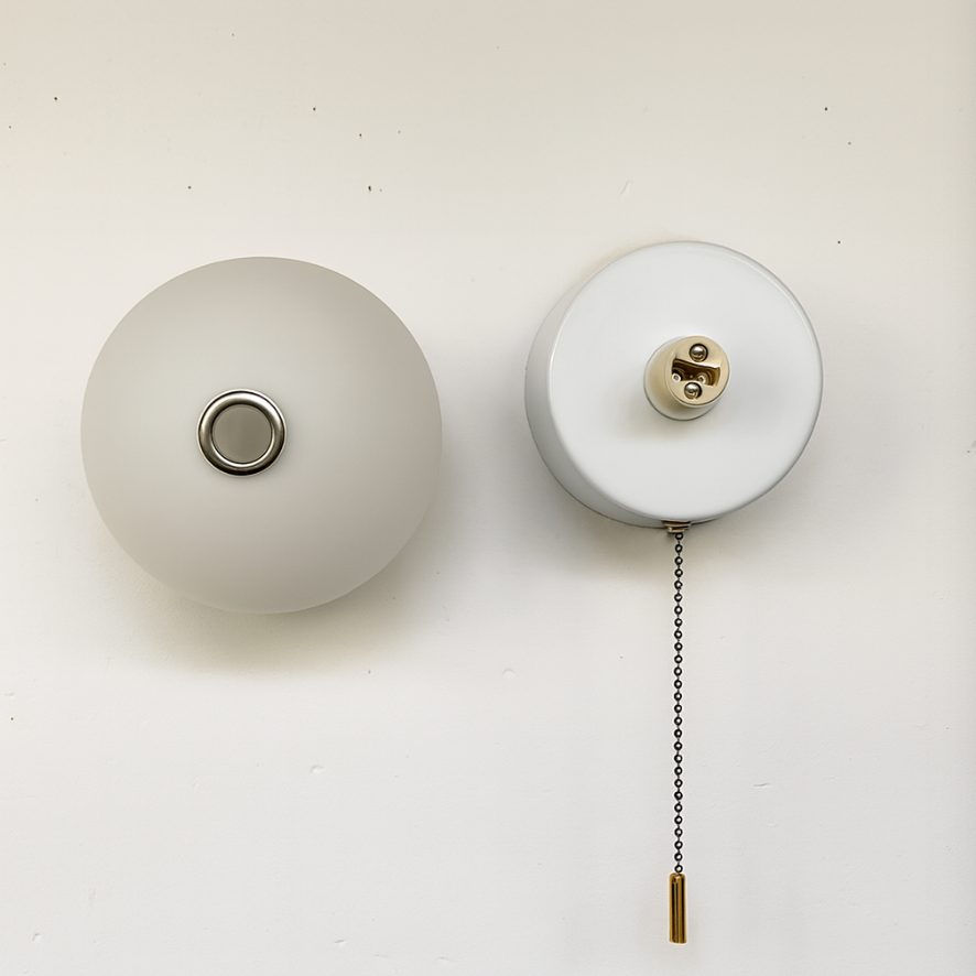 Nordic Frosted Glass Globe LED Wall Light Sconce with Gold Pull Cord