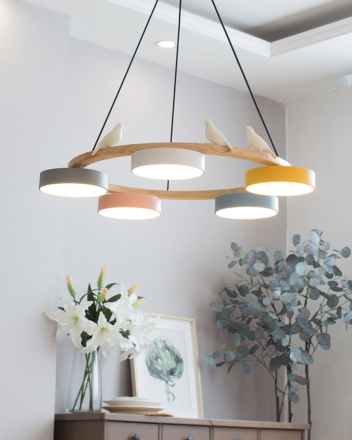 Nordic Wood Ring LED Chandelier Multi Colour Drum Shades With Bird Ornament