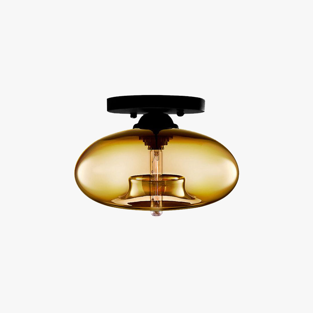 Oval Tinted Glass Flush Mount Ceiling Light Black Metal Fixture Art Deco