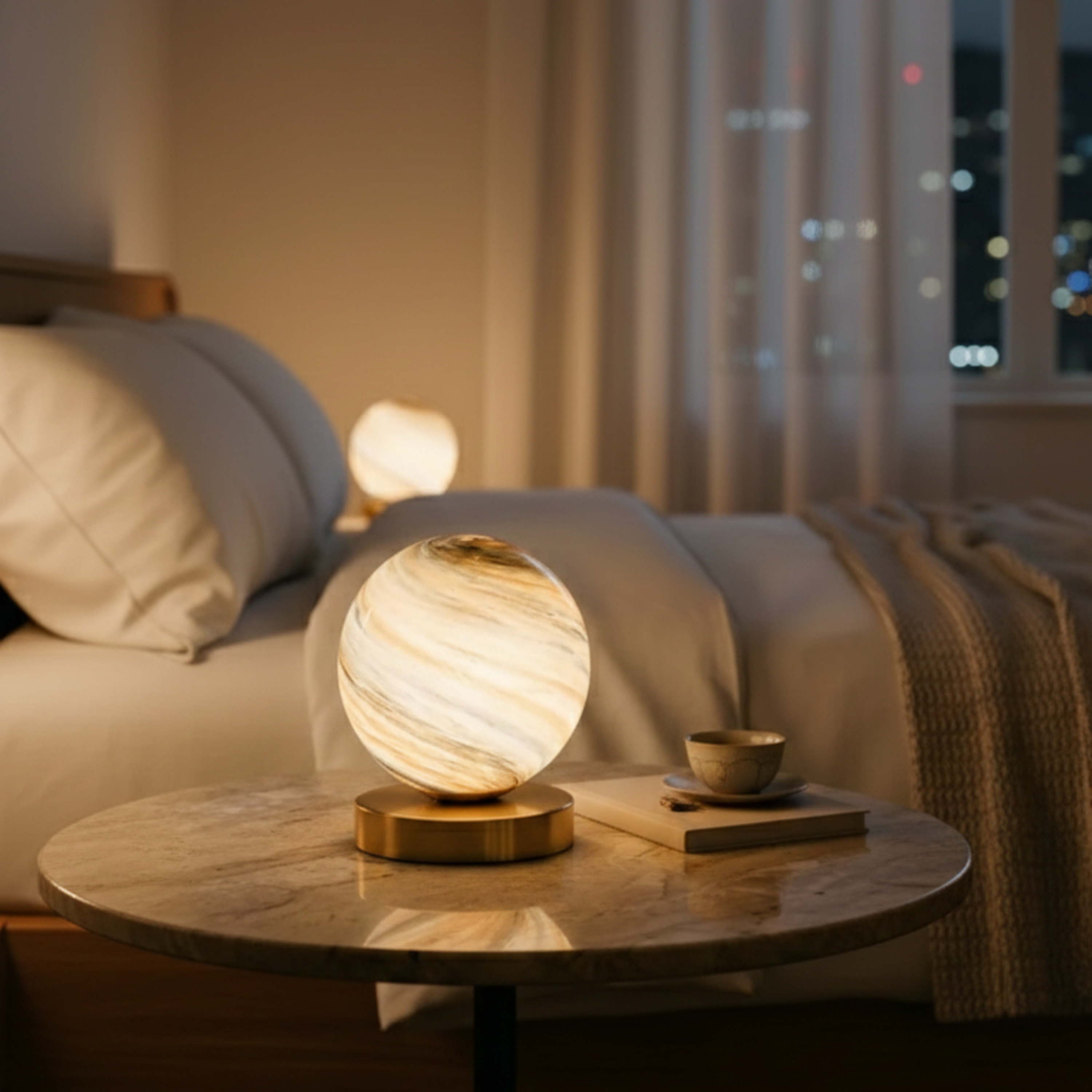 Planet Glass Globe Table Lamp Copper Base Warm White LED Bedside Lamp