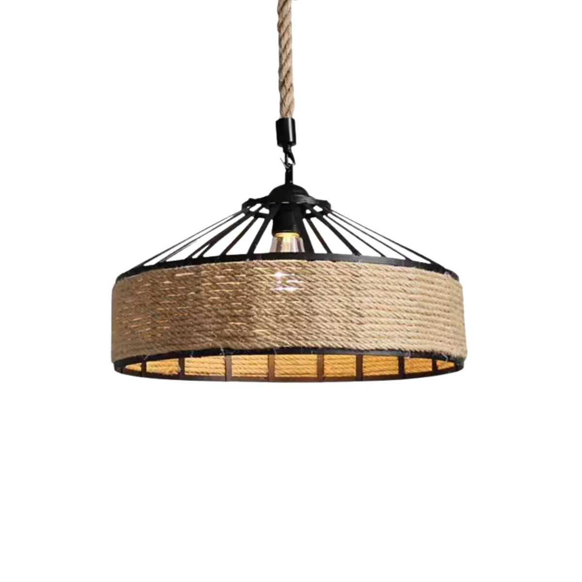 Retro Industrial Hemp Rope Pendant Light With Black Iron Frame