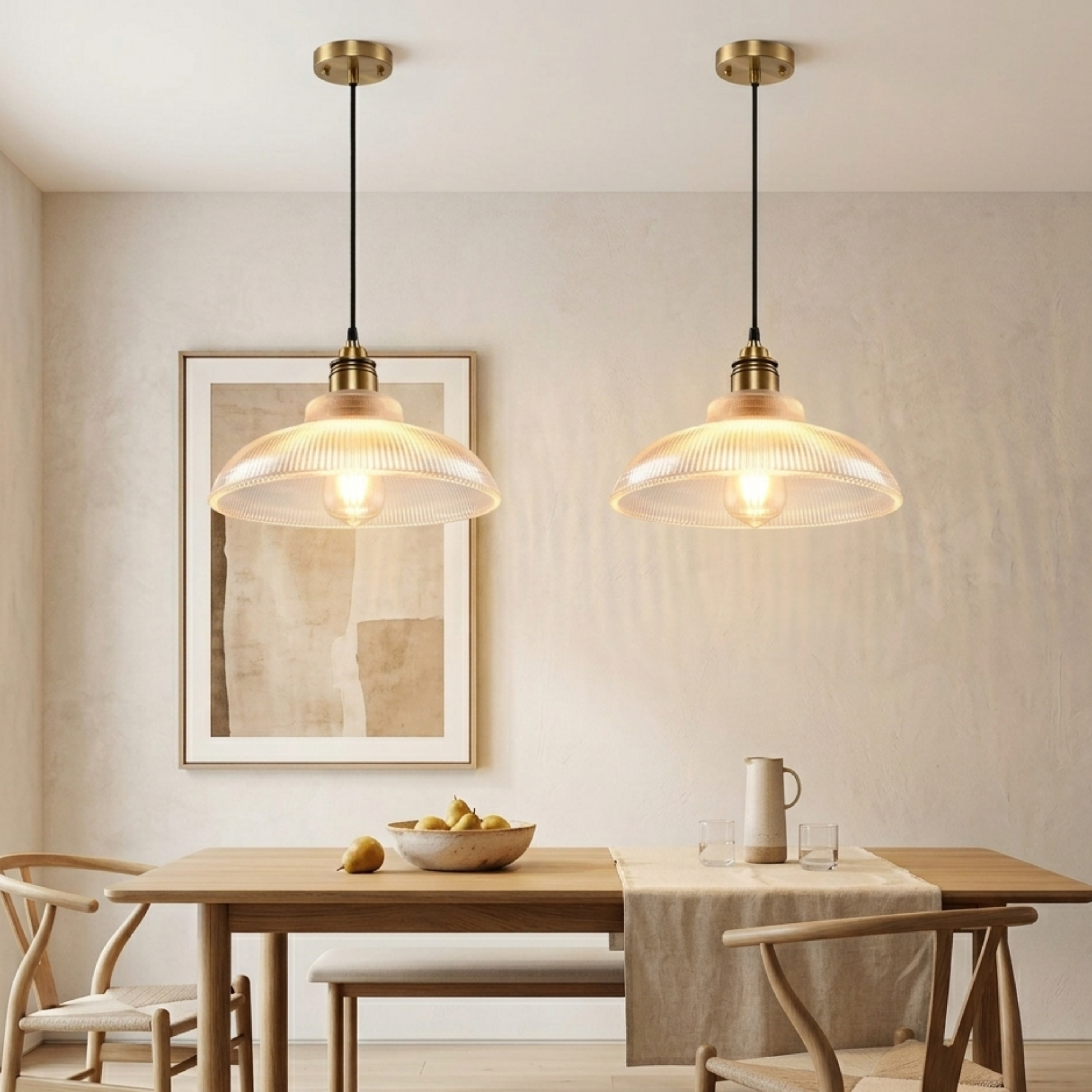 Retro Ribbed Glass Pendant Light Dome Shade Exposed Bulb Design