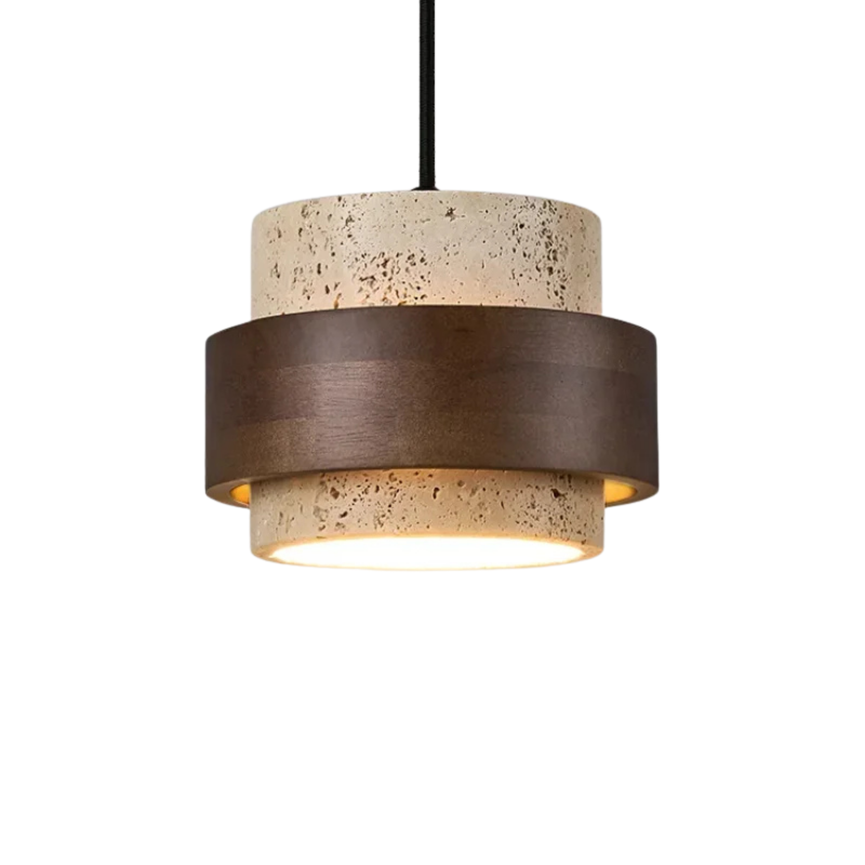 Retro Travertine Stone and Walnut Wood Small Pendant Light