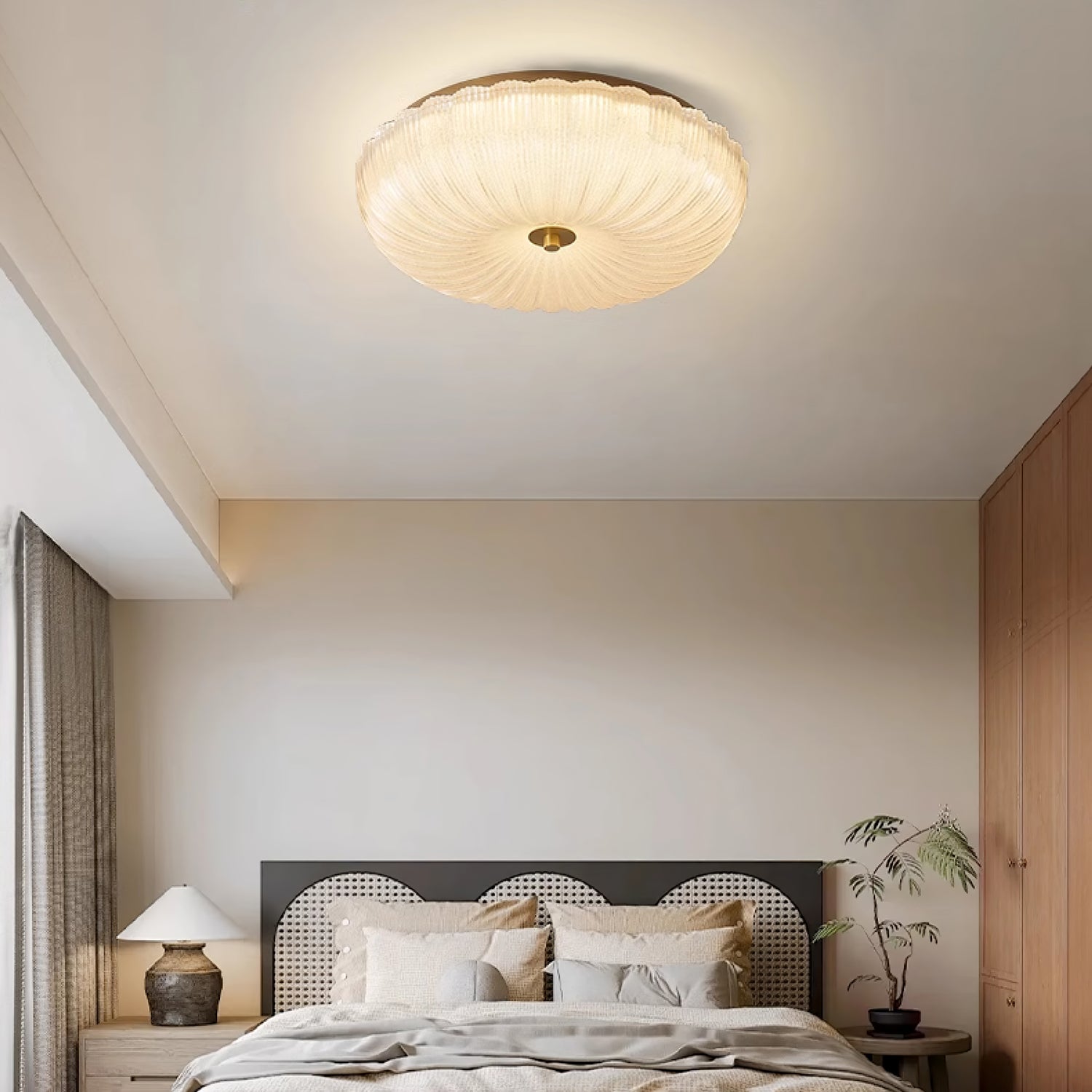 Ribbed Amber Glass Dome Flush Mount Ceiling Light Scalloped Fluted