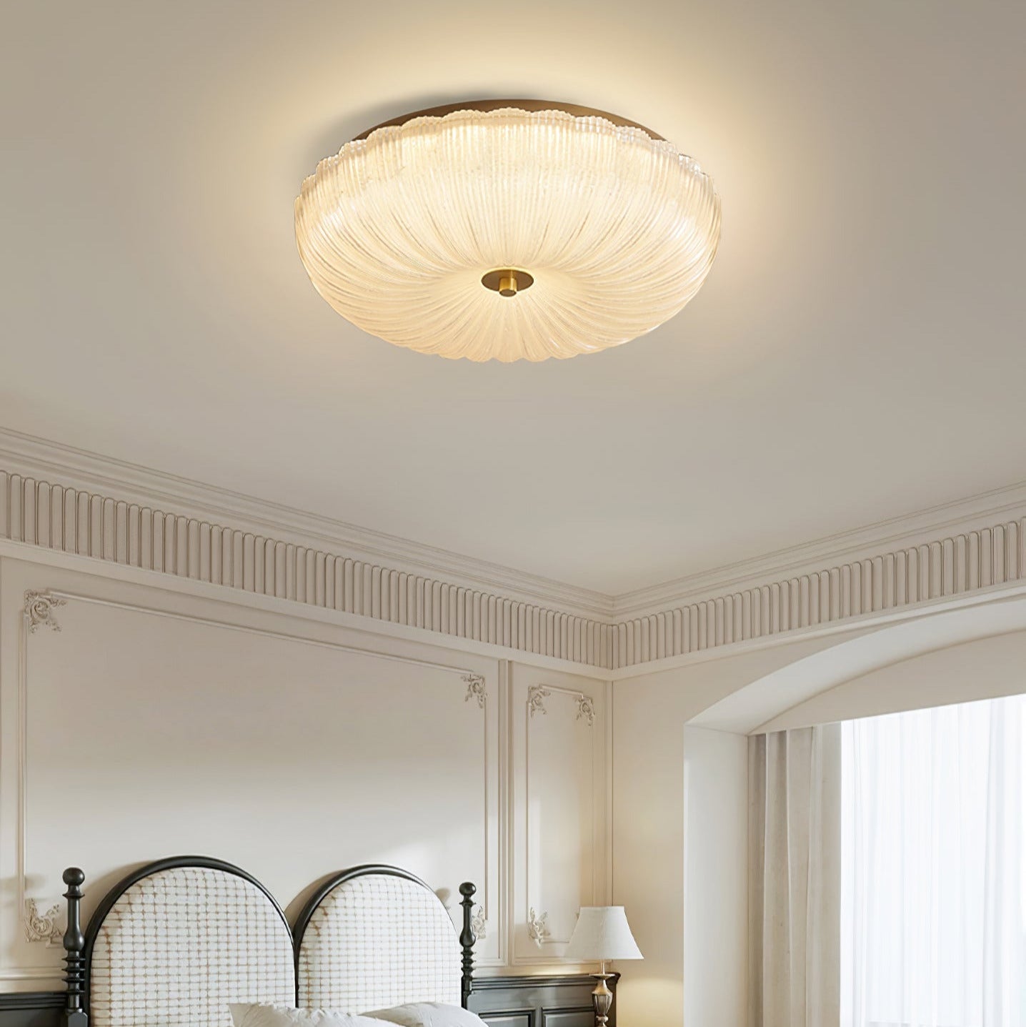 Ribbed Amber Glass Dome Flush Mount Ceiling Light Scalloped Fluted
