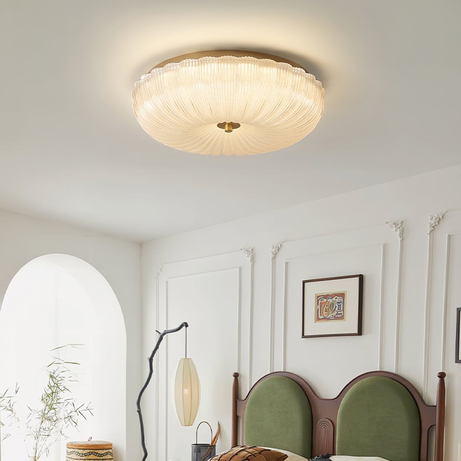 Ribbed Amber Glass Dome Flush Mount Ceiling Light Scalloped Fluted