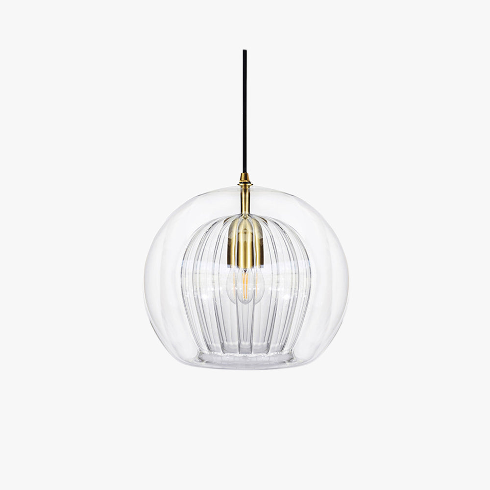 Ribbed Glass Globe Pendant Light With Brass Fitting Clear And Amber