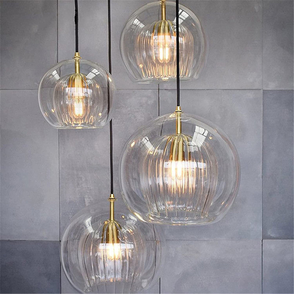 Ribbed Glass Globe Pendant Light With Brass Fitting Clear And Amber