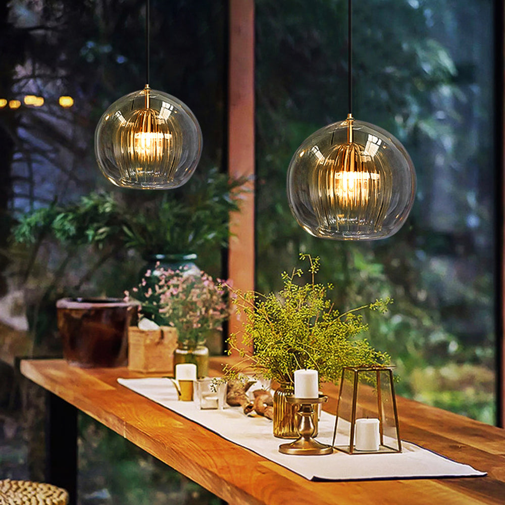Ribbed Glass Globe Pendant Light With Brass Fitting Clear And Amber