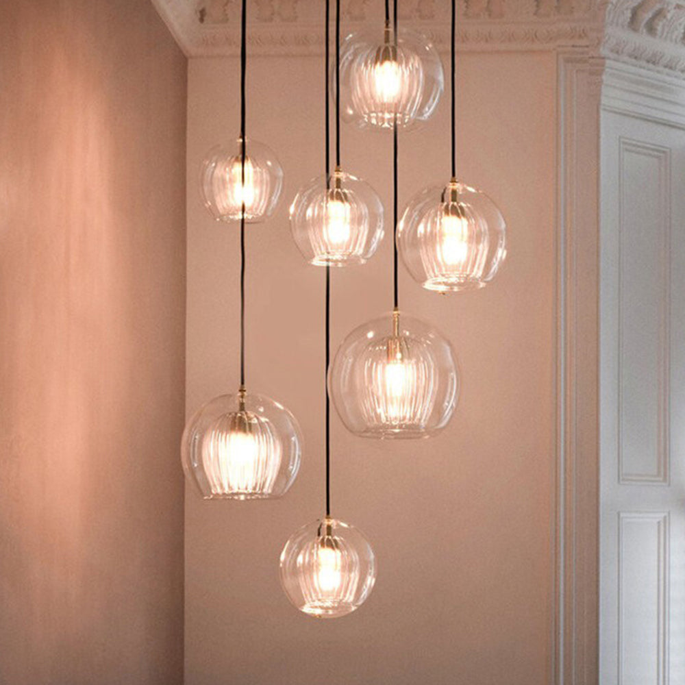 Ribbed Glass Globe Pendant Light With Brass Fitting Clear And Amber