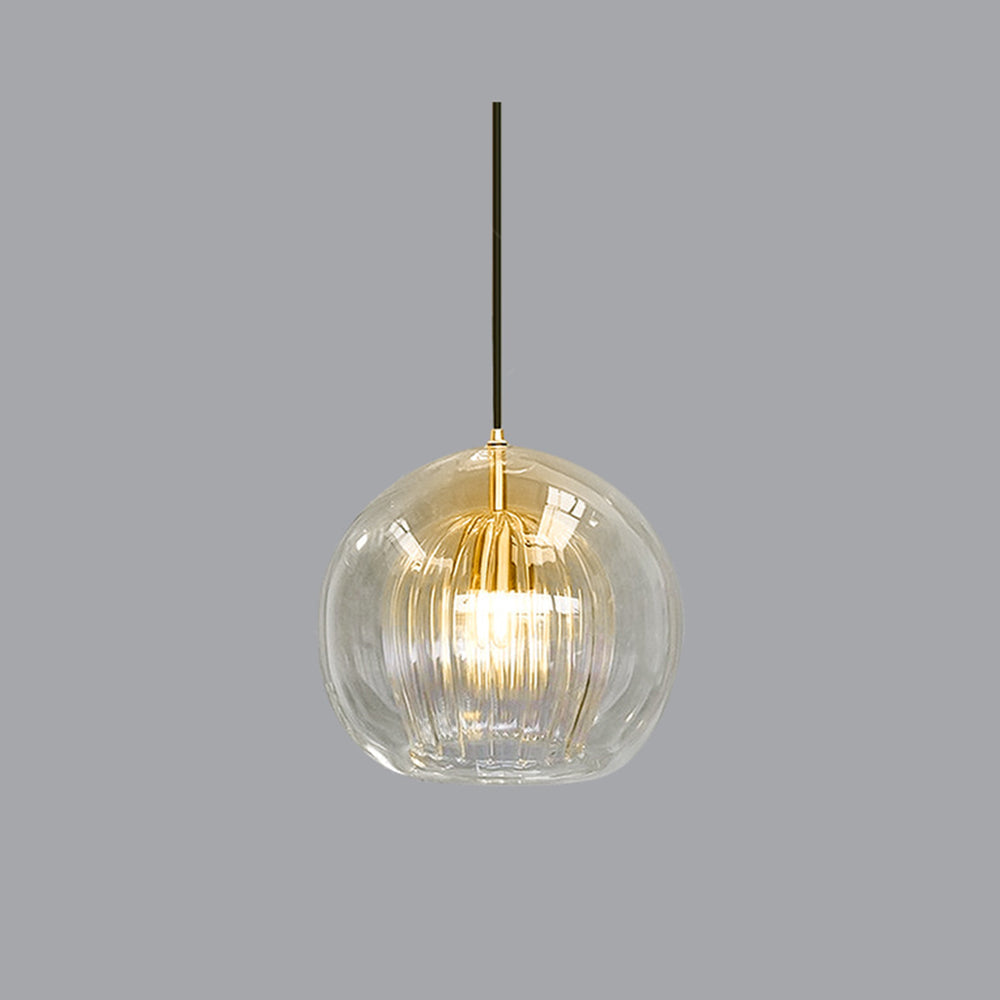 Ribbed Glass Globe Pendant Light With Brass Fitting Clear And Amber