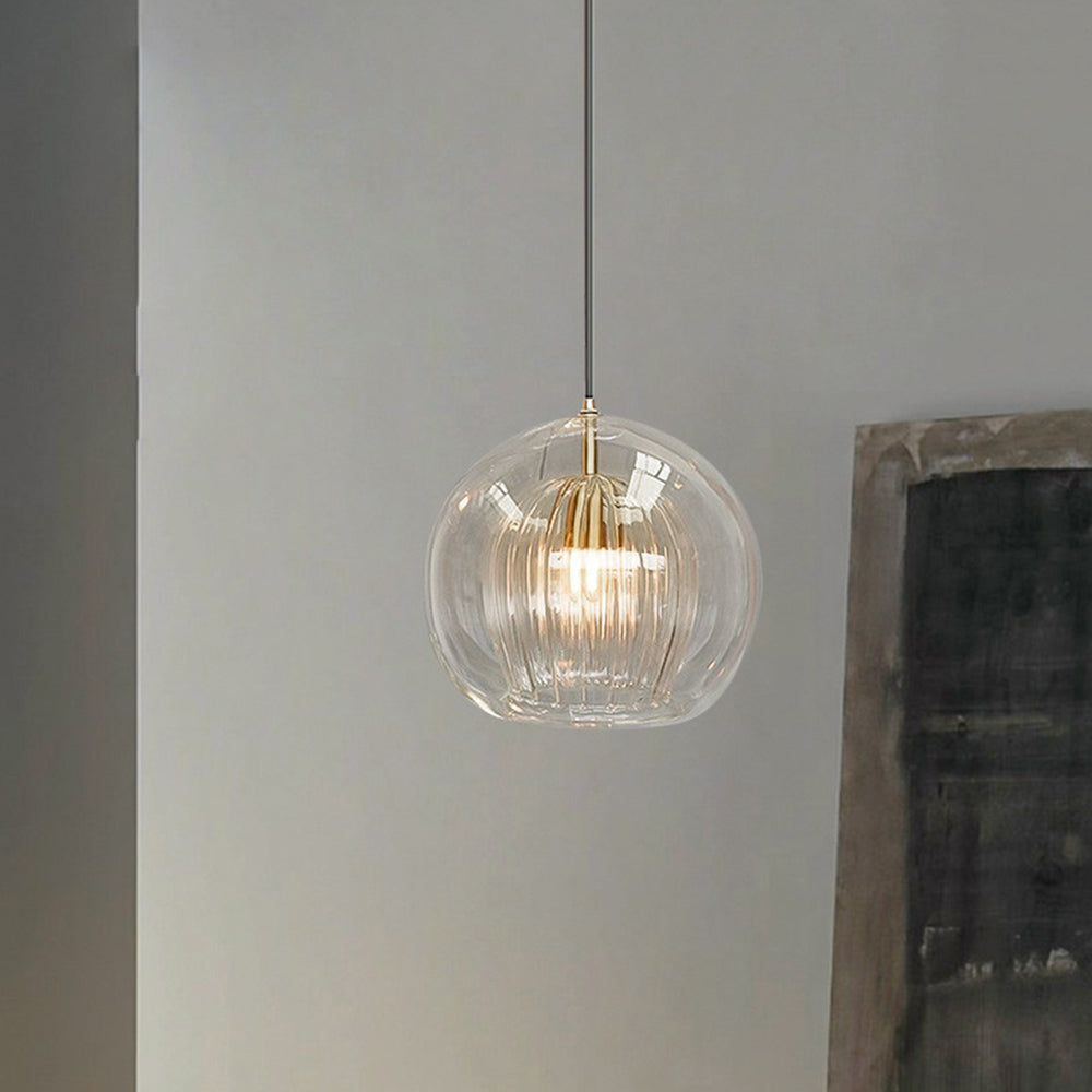 Ribbed Glass Globe Pendant Light With Brass Fitting Clear And Amber