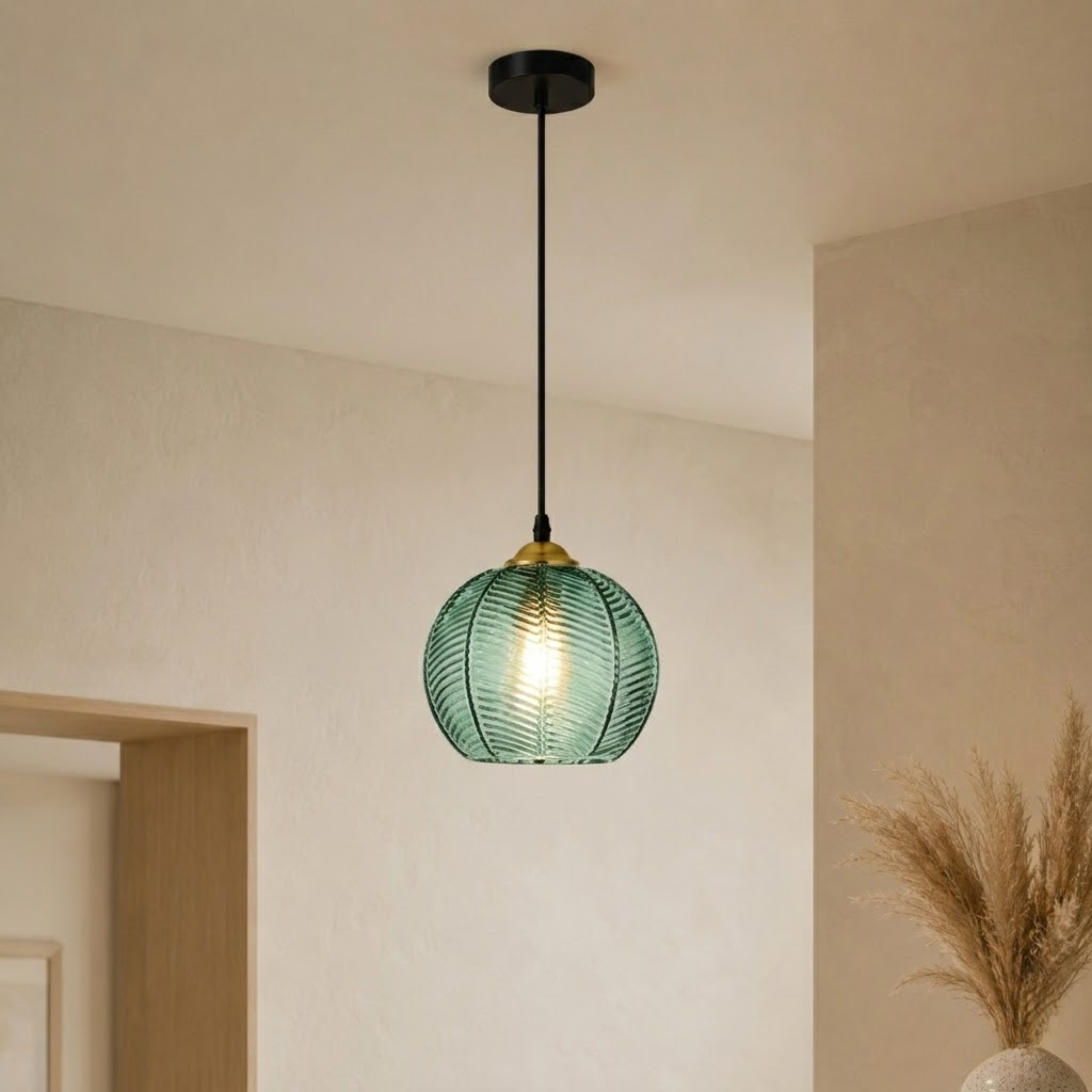 Ribbed Tinted Glass Globe Pendant Light in Amber Green or Smoke Grey