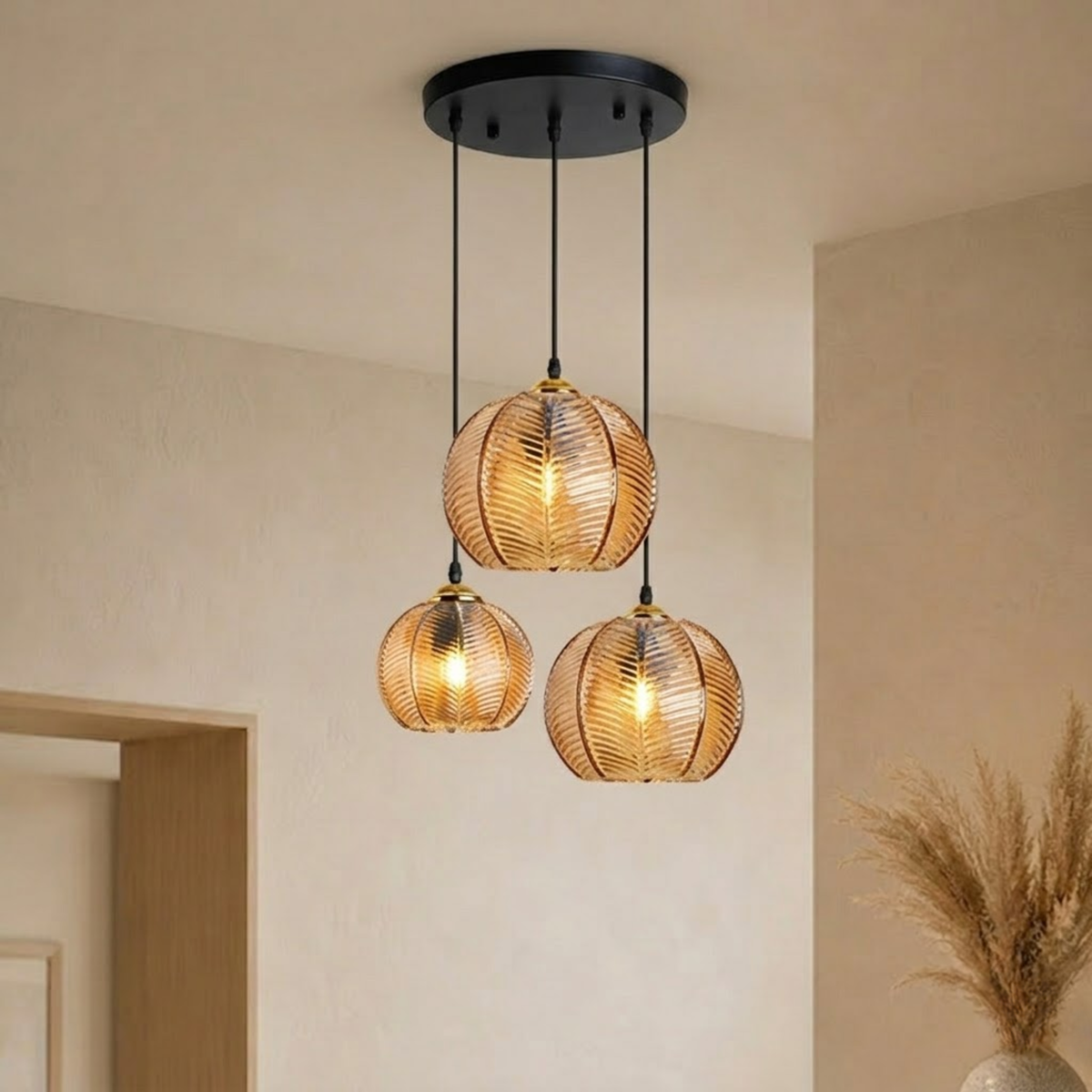 Ribbed Tinted Glass Globe Pendant Light in Amber Green or Smoke Grey
