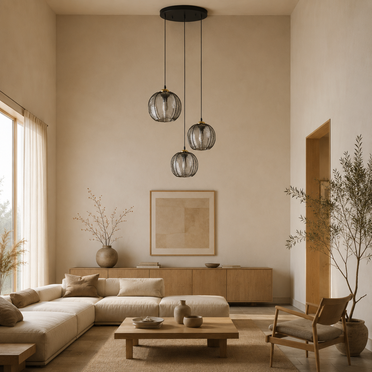 Ribbed Tinted Glass Globe Pendant Light in Amber Green or Smoke Grey