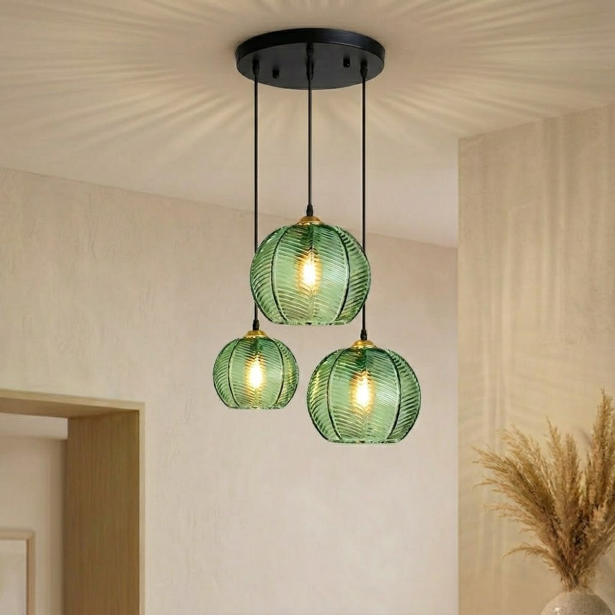 Ribbed Tinted Glass Globe Pendant Light in Amber Green or Smoke Grey